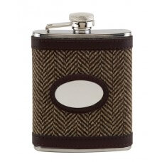 Engraved Hip Flask Captive Lid 6oz Polished Disc inset on tweed